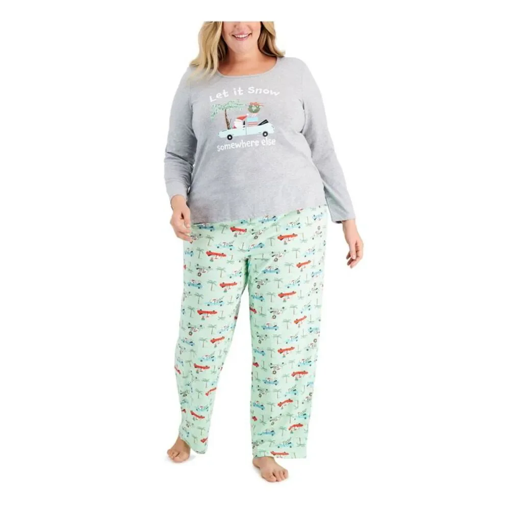 FAMILY PJs Womens Green Long Sleeve Top Pants Pajamas Plus 3X
